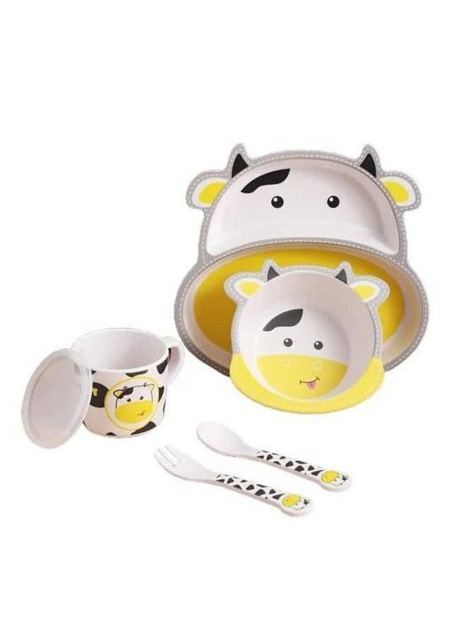 HS Enterprise - Cow Face Bamboo Baby Tableware Set Eco Friendly Bamboo Fiber Dinner Set For Weaning Toddlers;Kids Set Of Plate Bowl Cup Fork And Spoon;Baby Feeding Utensils For Kids (Cow Small) - Image 1