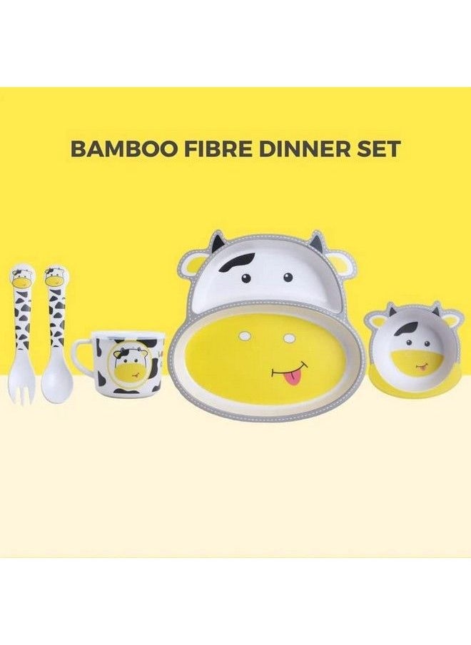 HS Enterprise - Cow Face Bamboo Baby Tableware Set Eco Friendly Bamboo Fiber Dinner Set For Weaning Toddlers;Kids Set Of Plate Bowl Cup Fork And Spoon;Baby Feeding Utensils For Kids (Cow Small) - Image 1