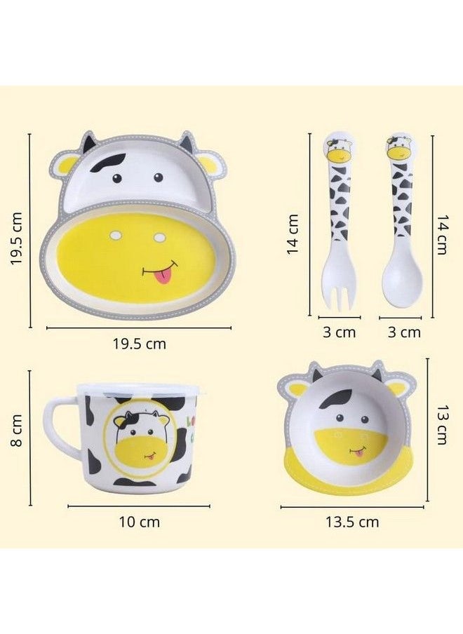 HS Enterprise - Cow Face Bamboo Baby Tableware Set Eco Friendly Bamboo Fiber Dinner Set For Weaning Toddlers;Kids Set Of Plate Bowl Cup Fork And Spoon;Baby Feeding Utensils For Kids (Cow Small) - Image 1