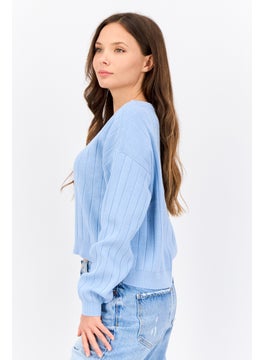 PIECES Women Round Neck Rip Sweater, Blue  - Image 4