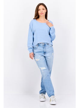PIECES Women Round Neck Rip Sweater, Blue  - Image 2