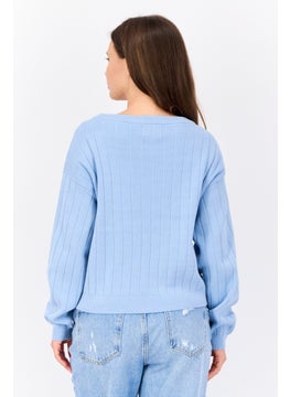 PIECES Women Round Neck Rip Sweater, Blue  - Image 3