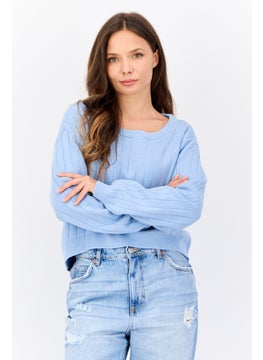 PIECES Women Round Neck Rip Sweater, Blue  - Image 1