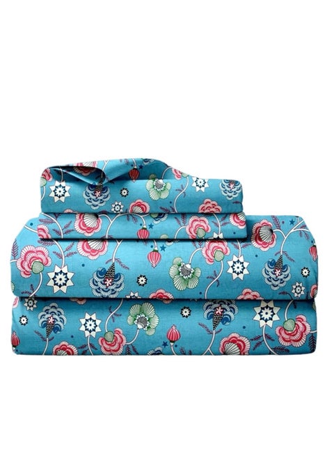 Flat Bedsheet Set Green Flower - High Quality 100% Cotton 144 TC Light Weight - Everyday Use 1 Bed Sheet And 2 Pillow Cases Printed Sizes Single Queen King
