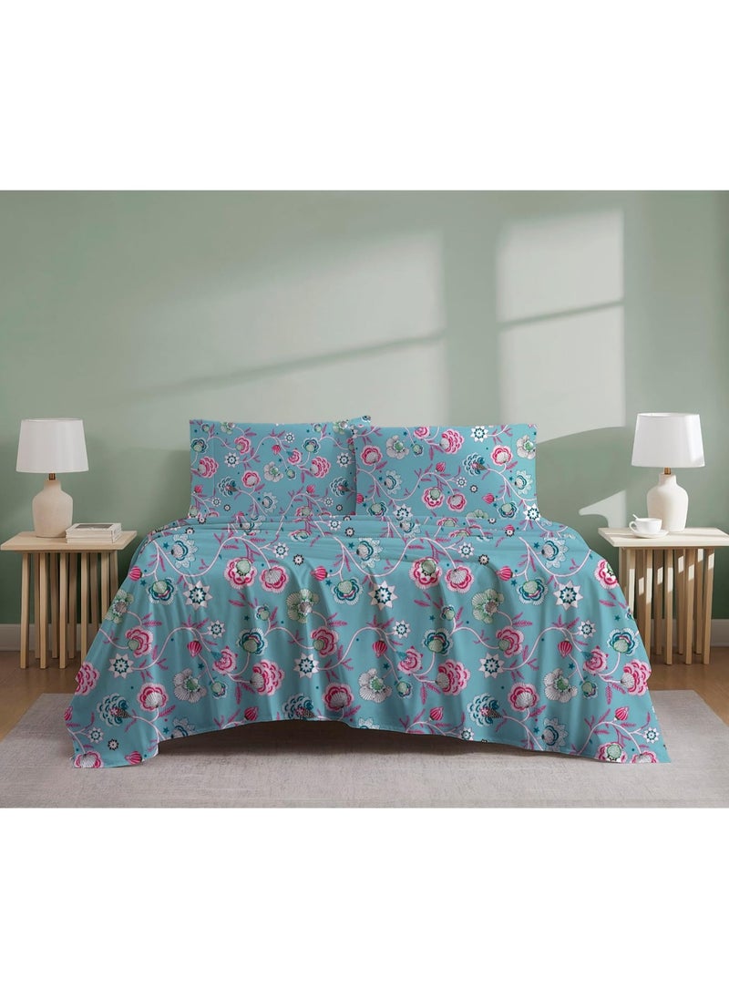 Flat Bedsheet Set Green Flower - High Quality 100% Cotton 144 TC Light Weight - Everyday Use 1 Bed Sheet And 2 Pillow Cases Printed Sizes Single Queen King