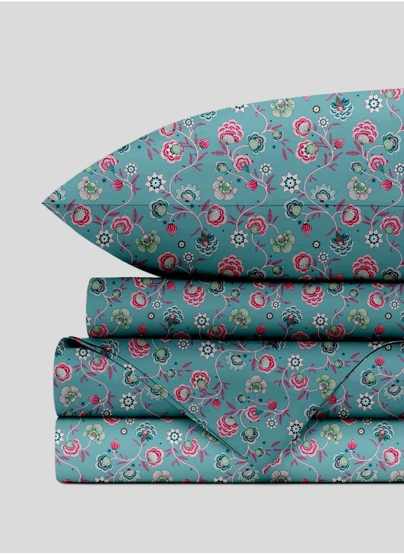 Flat Bedsheet Set Green Flower - High Quality 100% Cotton 144 TC Light Weight - Everyday Use 1 Bed Sheet And 2 Pillow Cases Printed Sizes Single Queen King