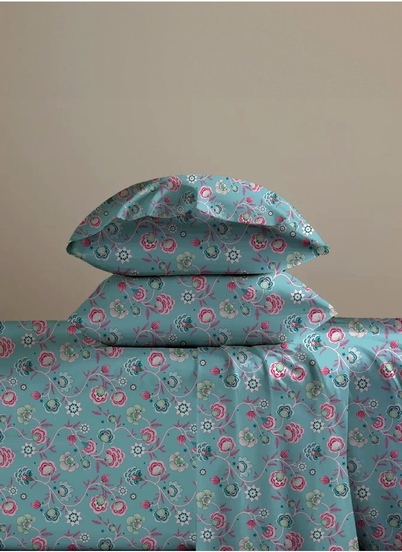 Flat Bedsheet Set Green Flower - High Quality 100% Cotton 144 TC Light Weight - Everyday Use 1 Bed Sheet And 2 Pillow Cases Printed Sizes Single Queen King