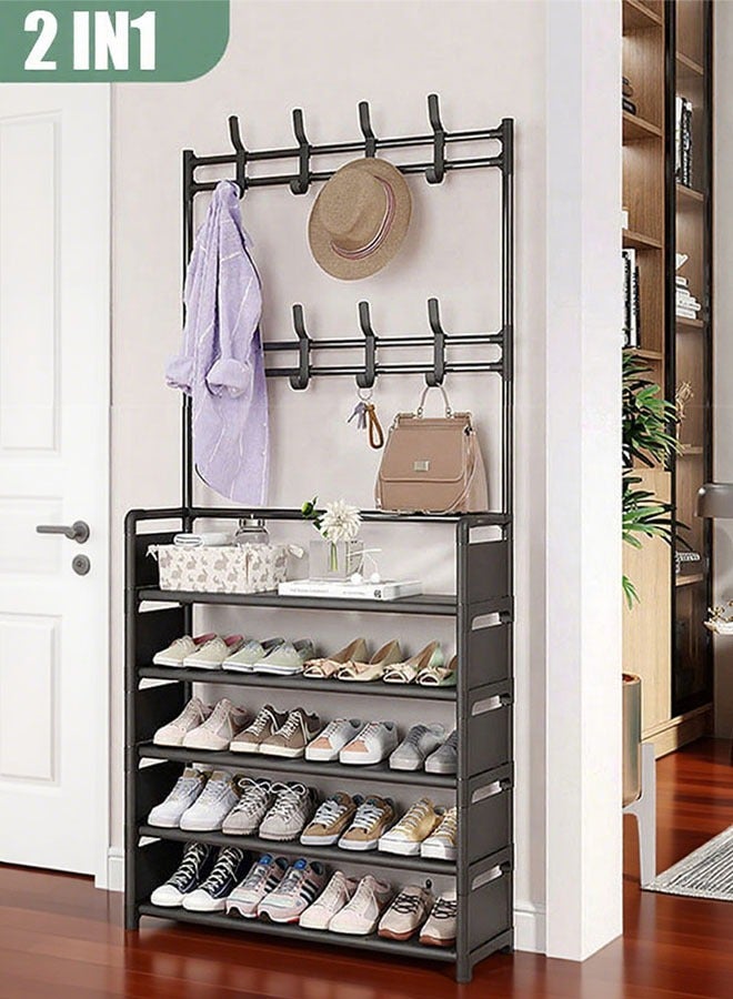 Generic Stainless Steel Shoe Rack Stand Entrance Coat Rack Large Capacity Shoe Storage Organizer Shelf with 8 Hanger Hooks  Easy to Organize for Backpacks, Keys, Shoes, Hats 169x60x25cm  - Image 1
