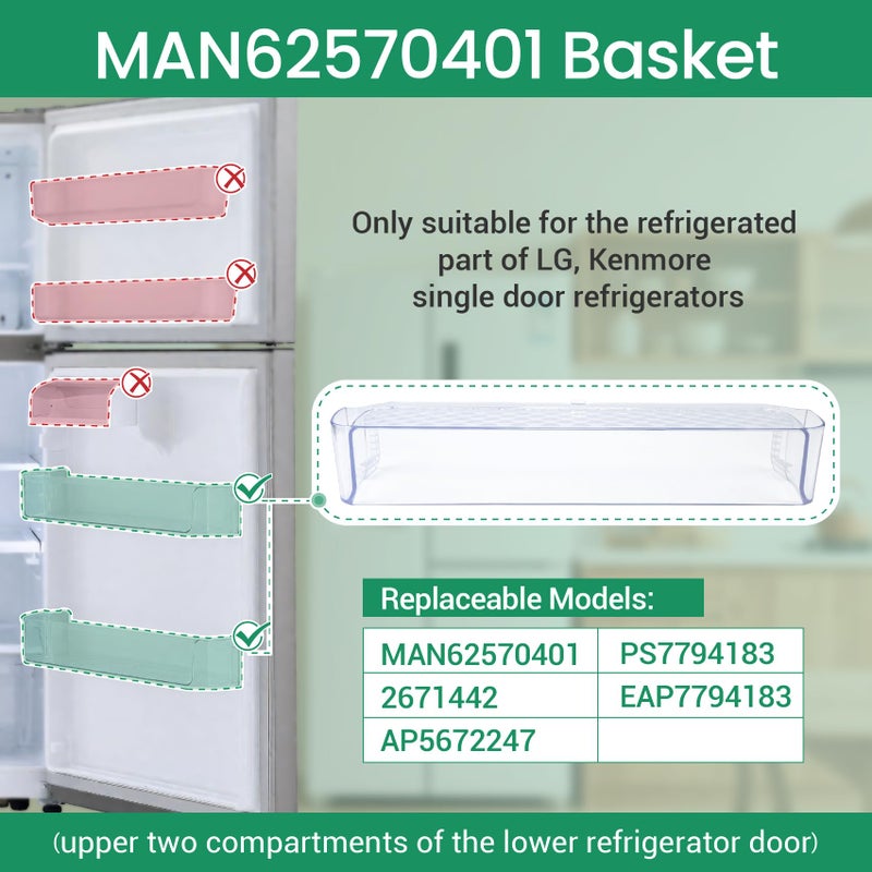 Garsoo سلة باب ثلاجة MAN62570401 المحدثة متوافقة مع رف باب LG LTCS20020S/00، LTCS20020W/00، LTCS20030S/00، إلخ، وسلة كينمور 79568002210، 79568009210، 79578003210، إلخ - Image 2