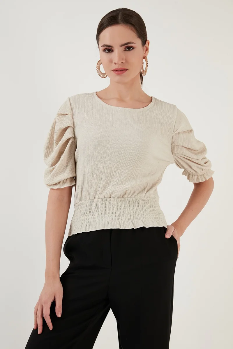 ليلا Gipeli Crew Neck Balloon Sleeve Crinkle Flexible Blouse Women's Blouse 5865018