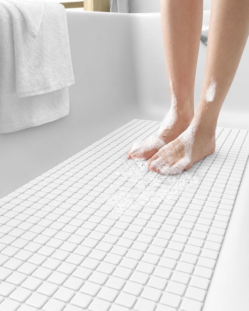 Non-Slip Bathtub Mat 65 x 35 cm, Long Shower Bath Mat with Strong Suction Cups, Quick Drain Holes, Machine Washable Bathroom Safety Mat, Anti-Slip Tub Mat, (White) - Image 1