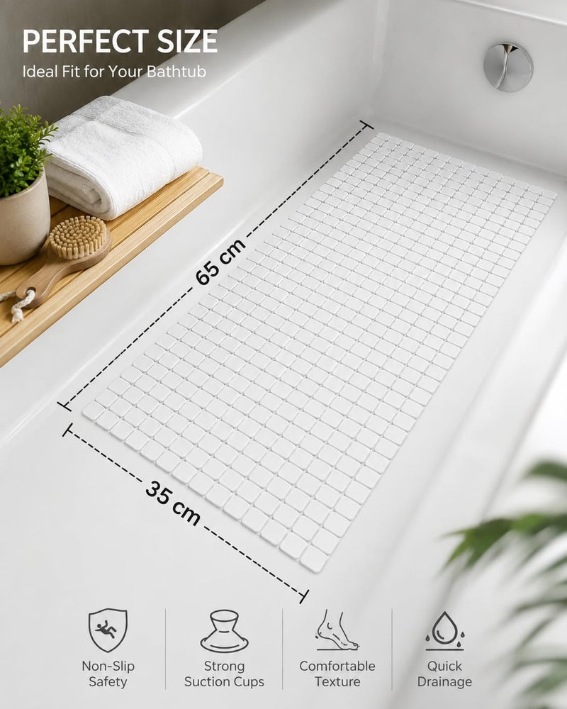 Non-Slip Bathtub Mat 65 x 35 cm, Long Shower Bath Mat with Strong Suction Cups, Quick Drain Holes, Machine Washable Bathroom Safety Mat, Anti-Slip Tub Mat, (White) - Image 2