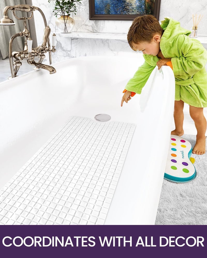 Non-Slip Bathtub Mat 65 x 35 cm, Long Shower Bath Mat with Strong Suction Cups, Quick Drain Holes, Machine Washable Bathroom Safety Mat, Anti-Slip Tub Mat, (White) - Image 3