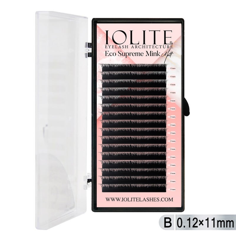 Iolite Eco Supreme Mink Matt Lash Extension Tray B - Curl - 0.12T (6mm–15mm) – Matt Finish, Premium Eco-Friendly Eyelashes for Lash Artists ISMMB12T - 11MM