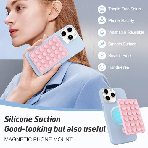 OPOM Magnetic Suction Phone Mount for MagSafe Case,Silicone Sticky Phone Grip Holder for iPhone,Removable Hands-Free Selfie/Video for TikTok & Instagram Influencer/Creator (Light Pink) - Image 3