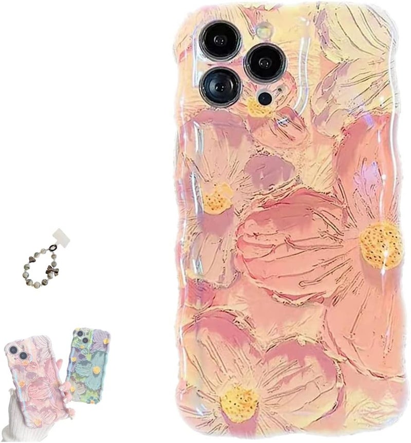 woobles for iPhone Colorful Oil Painting Exquisite Phone Case,Colorful Oil Painting Flower Wristband Lanyard Phone Case with Pearl Lanyard for iPhone 11/12/13/14 Pro Max (Pink,for iPhone 11) Pink for iPhone 11 - Image 1