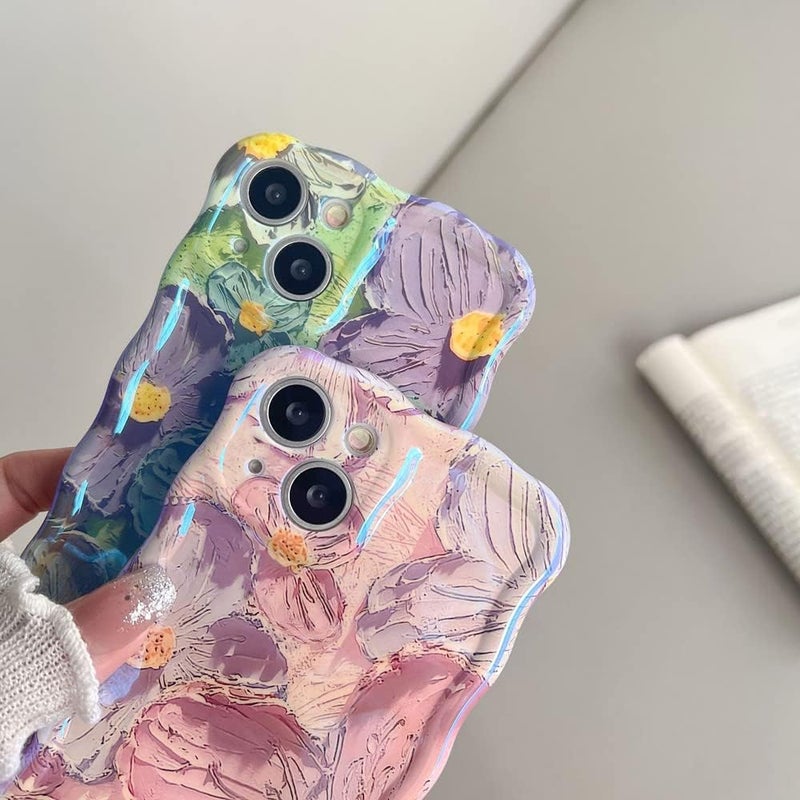 woobles for iPhone Colorful Oil Painting Exquisite Phone Case,Colorful Oil Painting Flower Wristband Lanyard Phone Case with Pearl Lanyard for iPhone 11/12/13/14 Pro Max (Pink,for iPhone 11) Pink for iPhone 11 - Image 3