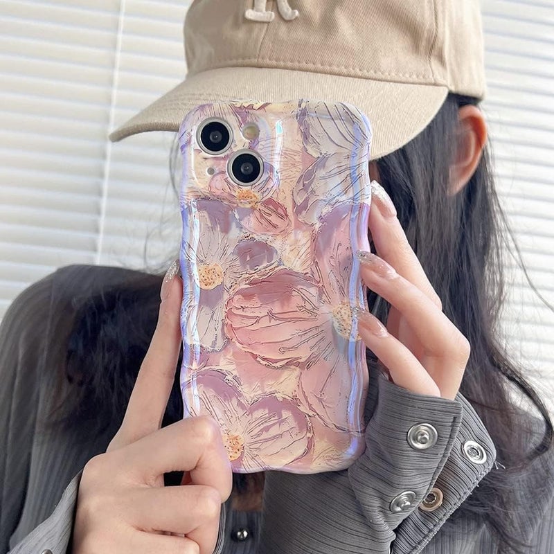 woobles for iPhone Colorful Oil Painting Exquisite Phone Case,Colorful Oil Painting Flower Wristband Lanyard Phone Case with Pearl Lanyard for iPhone 11/12/13/14 Pro Max (Pink,for iPhone 11) Pink for iPhone 11 - Image 2
