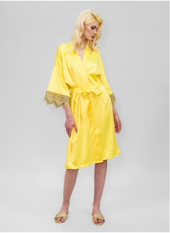BITOLIA GALLERY Stretch Taffeta Yellow Robe with Gold Lace  - Image 3