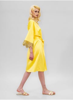 BITOLIA GALLERY Stretch Taffeta Yellow Robe with Gold Lace  - Image 5