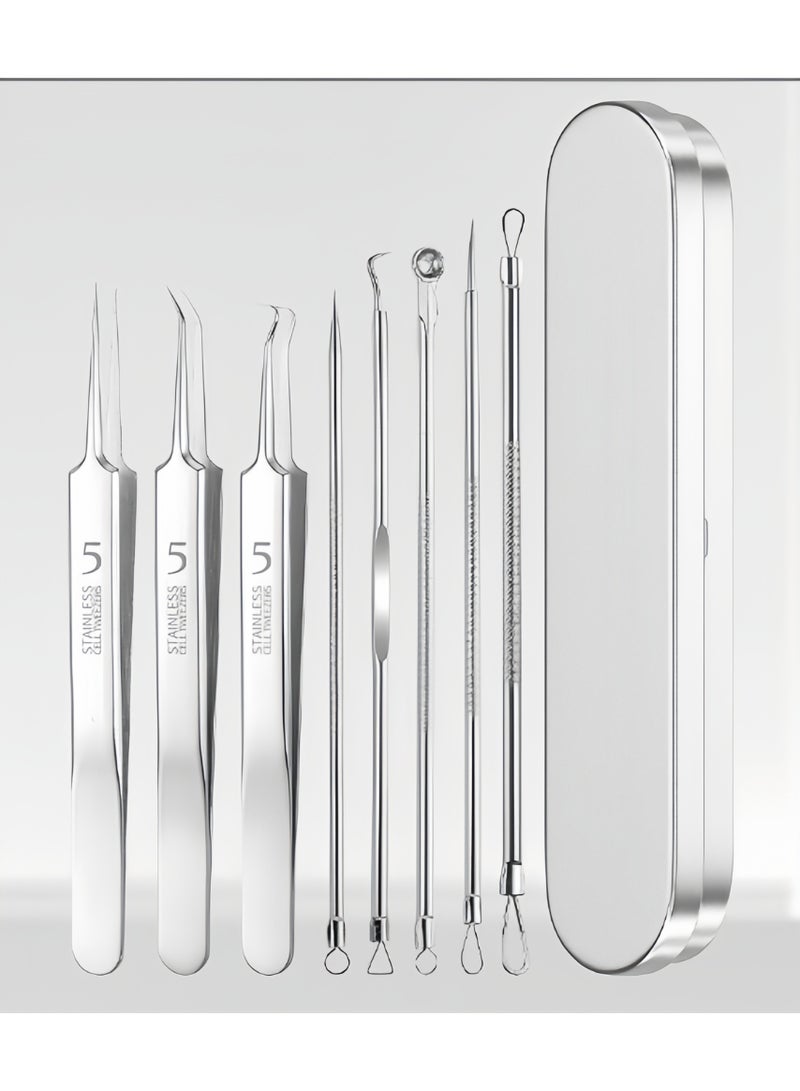 Generic 8-piece set of double headed needle blackhead remover, blackhead remover Comedone extractor, curved blackhead tweezers kit, professional stainless steel blackhead removal tool kit 8-piece set of double headed needle blackhead remover, blackhead remover Comedone extractor, curved blackhead tweezers kit, professional stainless steel blackhead removal tool kit  - Image 1