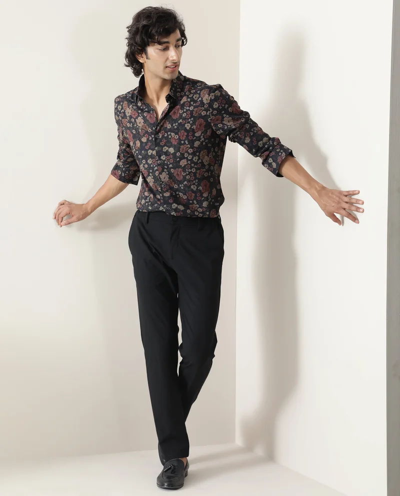 Rare Rabbit Rare Rabbit Men Vynill Black Viscose Fabric Full Sleeves Regular Fit Floral Print Shirt