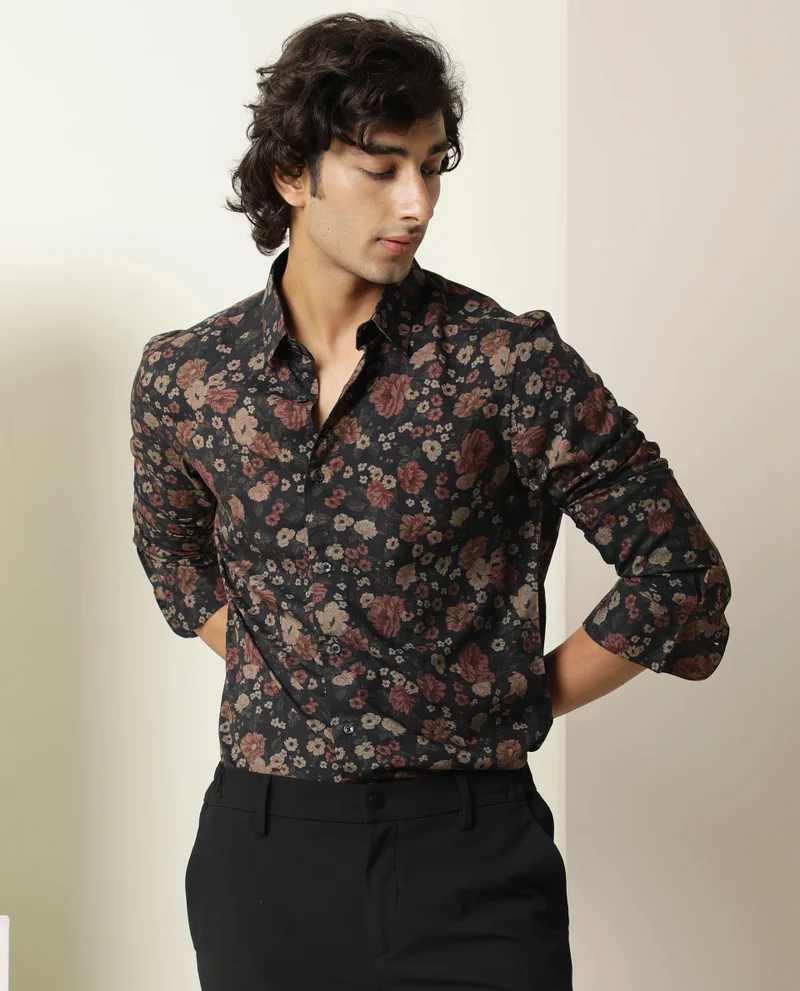 Rare Rabbit Rare Rabbit Men Vynill Black Viscose Fabric Full Sleeves Regular Fit Floral Print Shirt