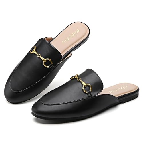 Minorsu Buckle Mules for Women Round Toe Backless Flat Mules Slides Mules Shoes Ladies Slip-on Loafers - Image 1