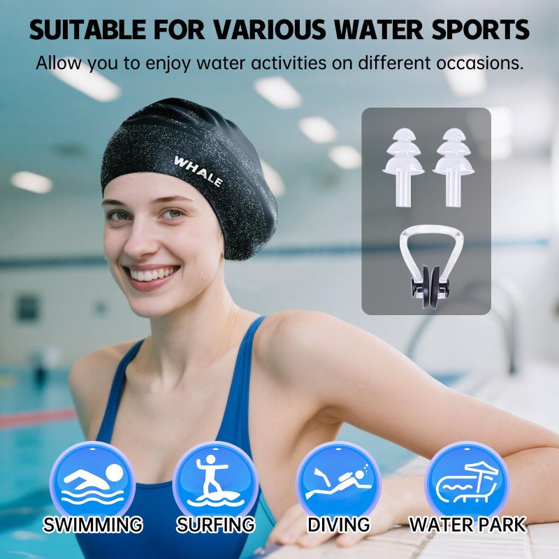 WHALE Extra Large Swim Cap Designed for Men and Women with Thick, Long Hair, Hair Extensions Or Afro-Textured Hair Long-Hair Swim Cap Highly Waterproof to Keep Hair Dry (Black) - Image 2