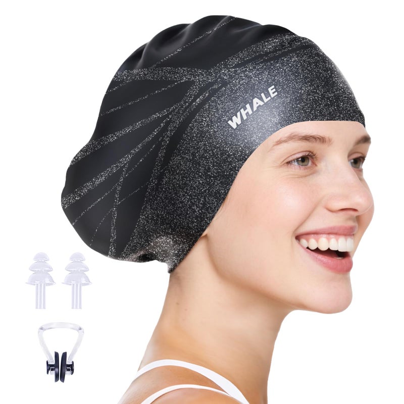 WHALE Extra Large Swim Cap Designed for Men and Women with Thick, Long Hair, Hair Extensions Or Afro-Textured Hair Long-Hair Swim Cap Highly Waterproof to Keep Hair Dry (Black) - Image 1