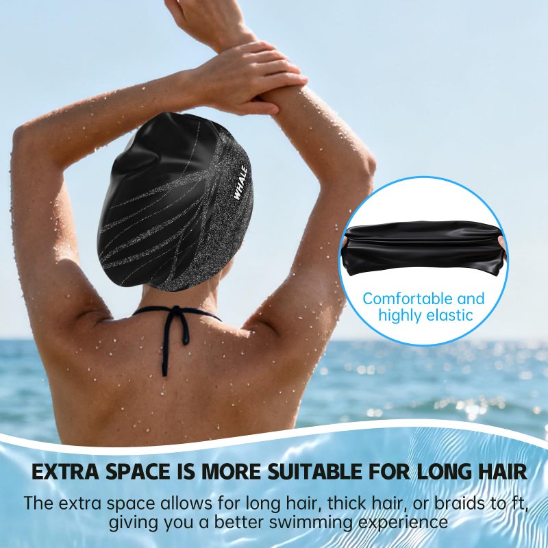 WHALE Extra Large Swim Cap Designed for Men and Women with Thick, Long Hair, Hair Extensions Or Afro-Textured Hair Long-Hair Swim Cap Highly Waterproof to Keep Hair Dry (Black) - Image 4