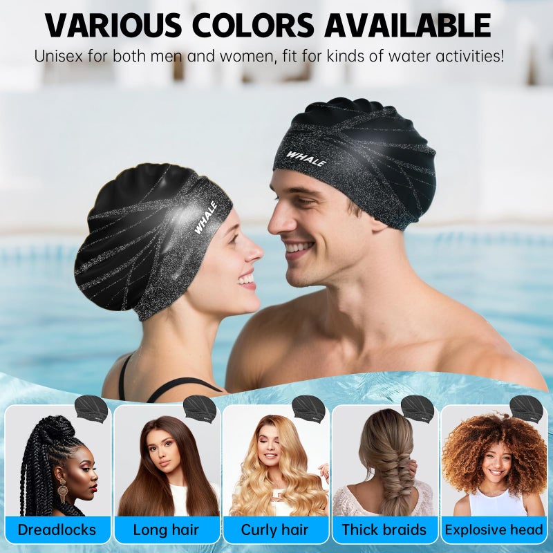 WHALE Extra Large Swim Cap Designed for Men and Women with Thick, Long Hair, Hair Extensions Or Afro-Textured Hair Long-Hair Swim Cap Highly Waterproof to Keep Hair Dry (Black) - Image 5
