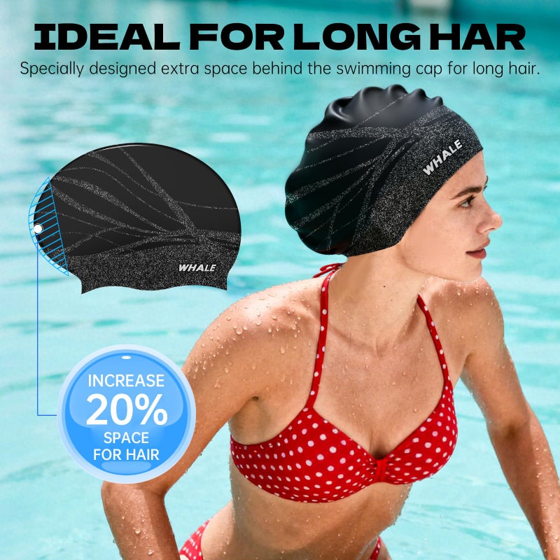 WHALE Extra Large Swim Cap Designed for Men and Women with Thick, Long Hair, Hair Extensions Or Afro-Textured Hair Long-Hair Swim Cap Highly Waterproof to Keep Hair Dry (Black) - Image 3
