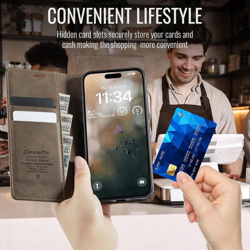 حافظة لهاتف أيفون 16 Pro، مصنوعة من جلد PU عالي الجودة [مانعة للتشويش الراديوي RFID]، تحتوي على فتحة للبطاقات ووظيفة وقوف، حافظة جلدية، غطاء لهاتف أيفون 16 Pro، لون أحمر - Image 4