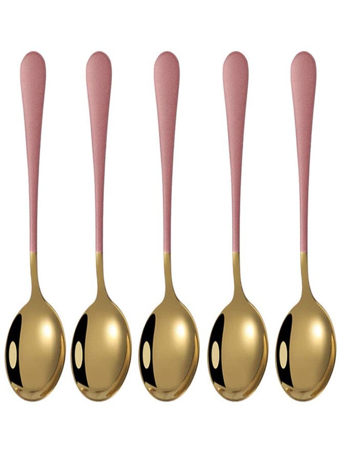 Mockery Long Handle Spoon, Dessert Spoons, Coffee Spoon, Ice Cream Spoon, Sugar Spoon, Stainless Steel Cocktail Stirring Spoons, Mixing Spoon, Dessert Spoon, Milkshake Spoon, Set of 5 (Pink Golden) - Image 1