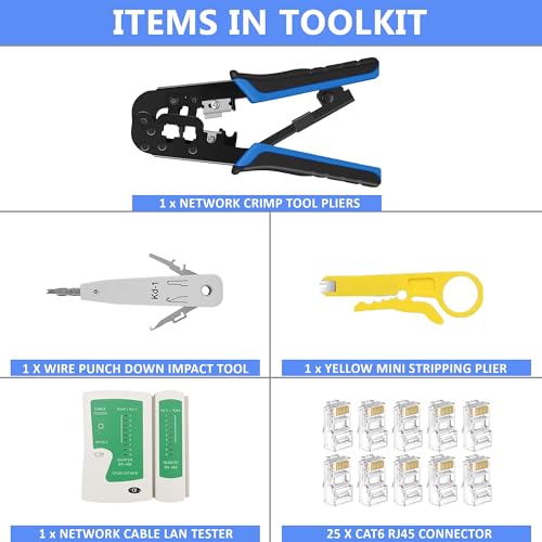 FEDUS RJ45 Crimping Tool Kit, rj45 machine for Cat6A Cat5E Cat5 Ethernet tool kit, 25PCS Connector, Network lan Tester, Cut and Strip Tool, Punch Down - Image 2