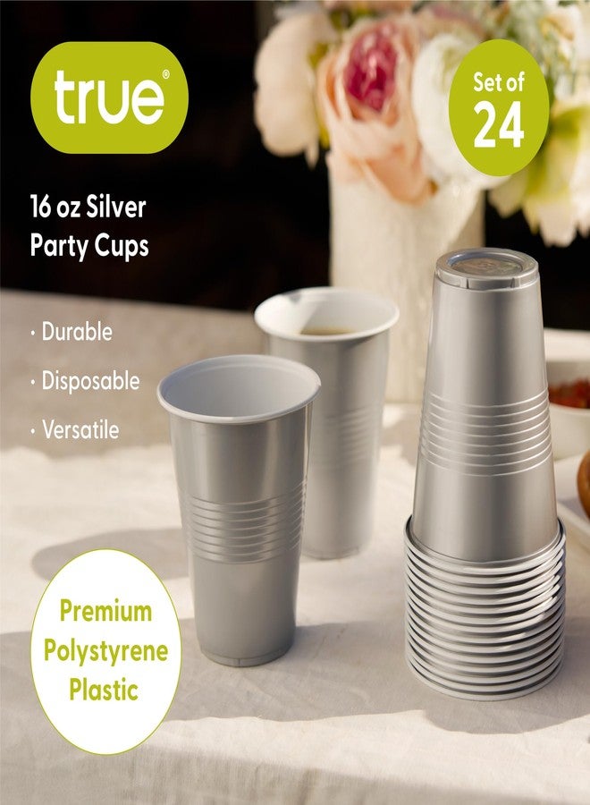 True Silver Plastic Cups, Disposable Plastic Drinking Glasses, Party Cups for Adults, 16oz Silver Set of 24 - Image 2