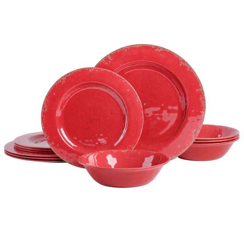 Gibson Home Mauna Melamine Plastic Dinnerware Set Service for 4 12pcs Red Rustic