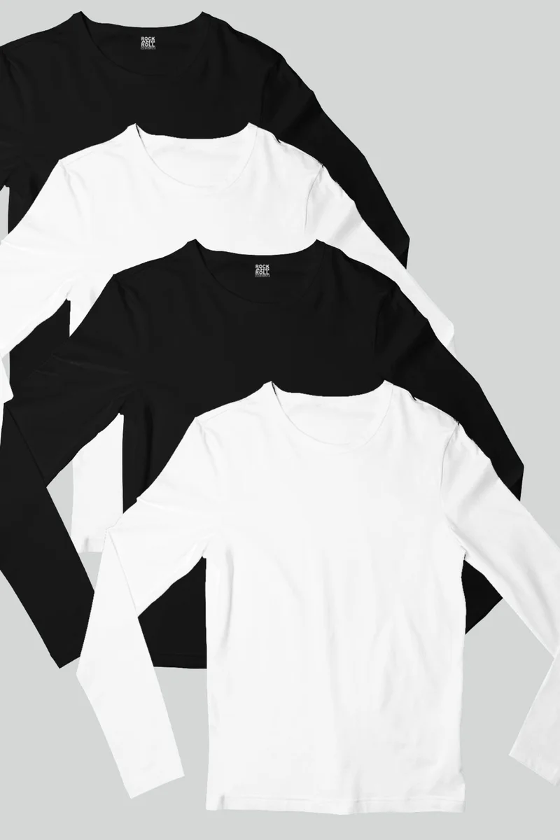 Plain 2 Black, 2 White Long Sleeve Men's Combed Cotton T-Shirt 4-Piece Super Eco Package