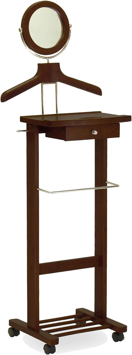 Winsome Wood Valet Stand With Mirror Drawer Tie Hook Casters Antique Walnut 94155