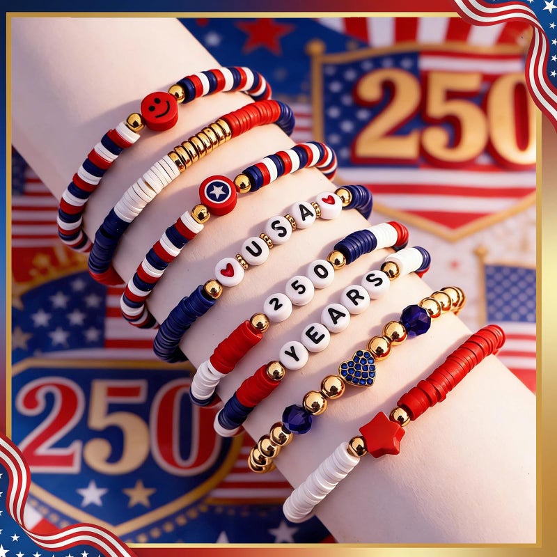 lakayfimily 250 Years Anniversary USA Gifts for Women Men Teens Red White Blue Clay Beaded Stretch Bracelets USA Patriotic Jewelry 4th of July Accessories - Image 3