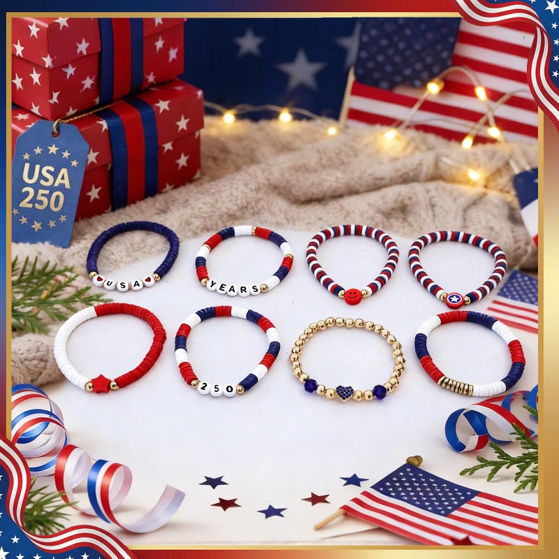 lakayfimily 250 Years Anniversary USA Gifts for Women Men Teens Red White Blue Clay Beaded Stretch Bracelets USA Patriotic Jewelry 4th of July Accessories - Image 4