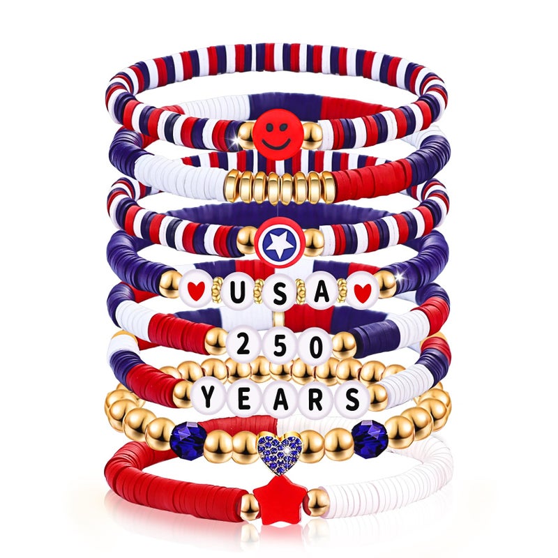 lakayfimily 250 Years Anniversary USA Gifts for Women Men Teens Red White Blue Clay Beaded Stretch Bracelets USA Patriotic Jewelry 4th of July Accessories - Image 1