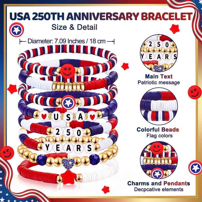 lakayfimily 250 Years Anniversary USA Gifts for Women Men Teens Red White Blue Clay Beaded Stretch Bracelets USA Patriotic Jewelry 4th of July Accessories - Image 2