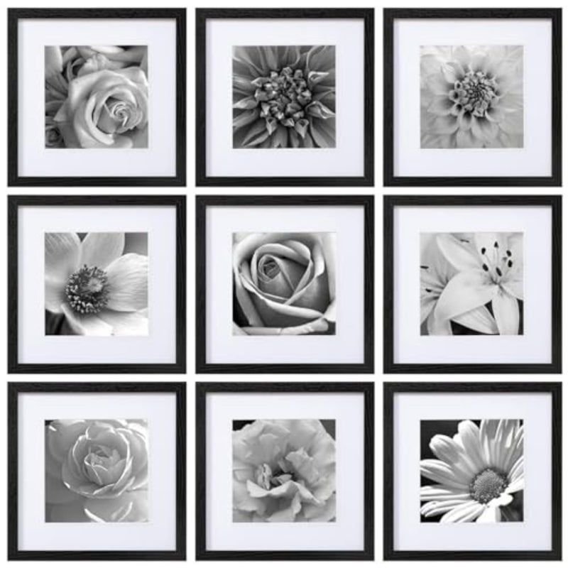 12x12 Picture Frames Black Set of 9, Wooden Square Photo Frame Displays 8x8 With Mat and 12x12 Without Mat, Poster Frame for Wall Hanging Home Decoration-Mounting Hardware Included - Image 1