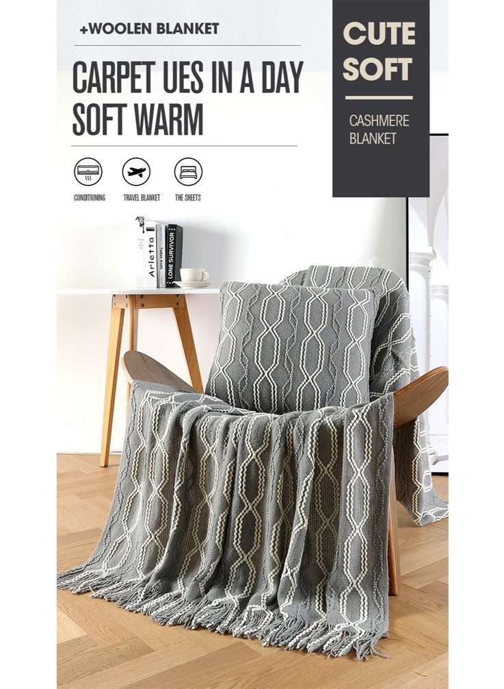 Bohemian Knitted Throw Blanket with Tassels,Geometric Pattern Decorative Blanket for Couch, Bed, Sofa, Office, Soft Imitation Cashmere Throw for All-Season Use  127x172cm  (Grey) - Image 1