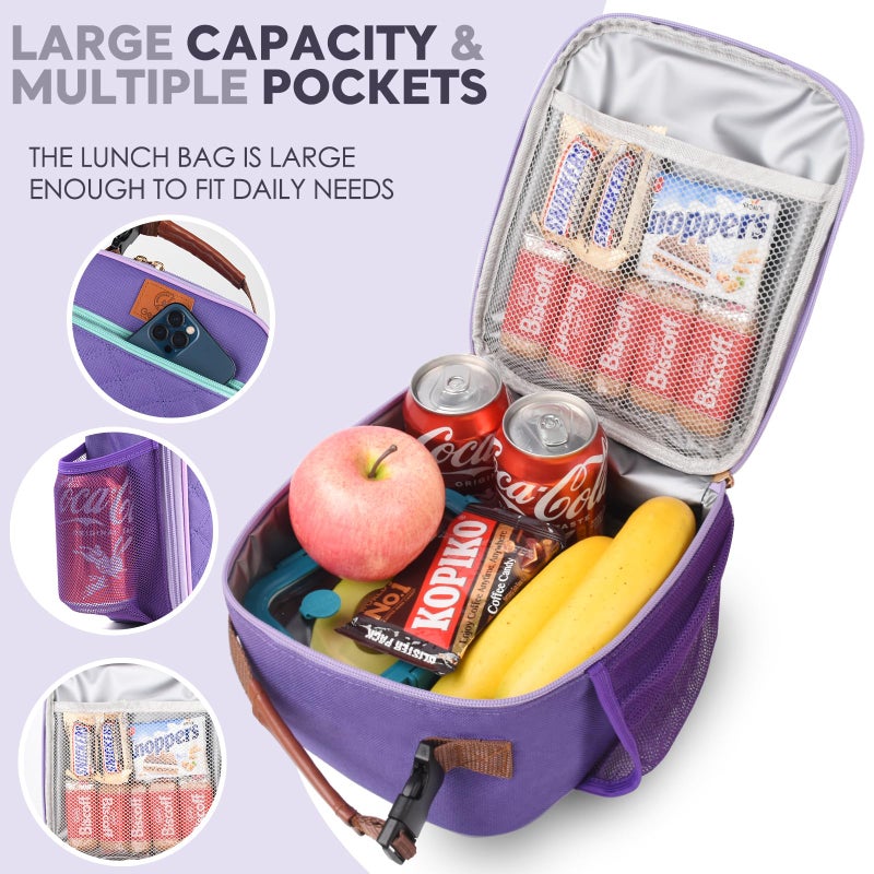 Genteen Kids Lunch Box Lunch bag for Kids Girls Teen,Insulated Lunch Bag with Bottle Holder,Small Lunch Box Cooler Lightweight Reusable LunchBox for Work Office School Travel Picnic-Purple - Image 3