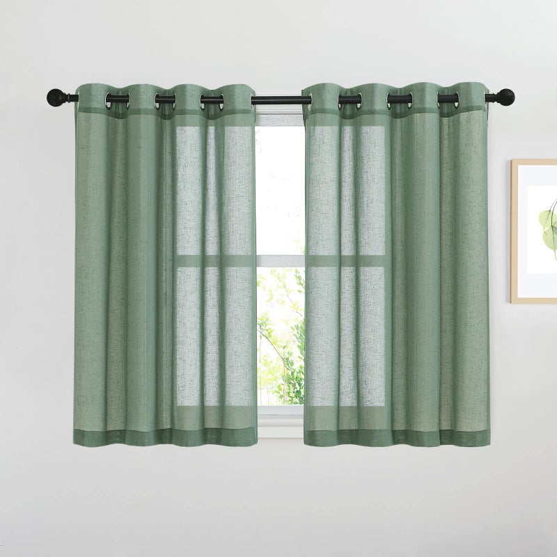 NICETOWN Semi Sheer Short Curtains for Small Window  Eyelet Top Bedroom Curtain Drapes Privacy with Light Filtering Linen Blend for Bedroom/Cafe/Kitchen  Olive Green  2 Panels  W52 x L45 - Image 1