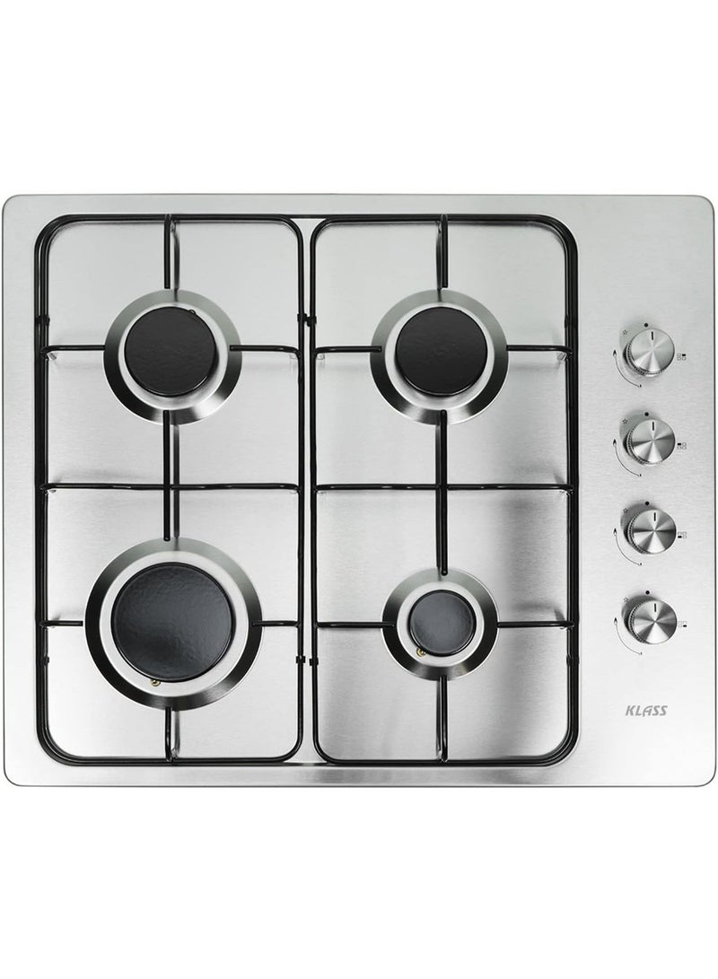 KLASS - 60cm Stainless Steel 4 Zone Gas Cooktop - 2 Double Ring Burners - Electronic Ignition - Safety Devices - Knob Controls - Cast Iron Pan Supports + Wok Stand - Italian Technology – Made In Turkey - Image 1