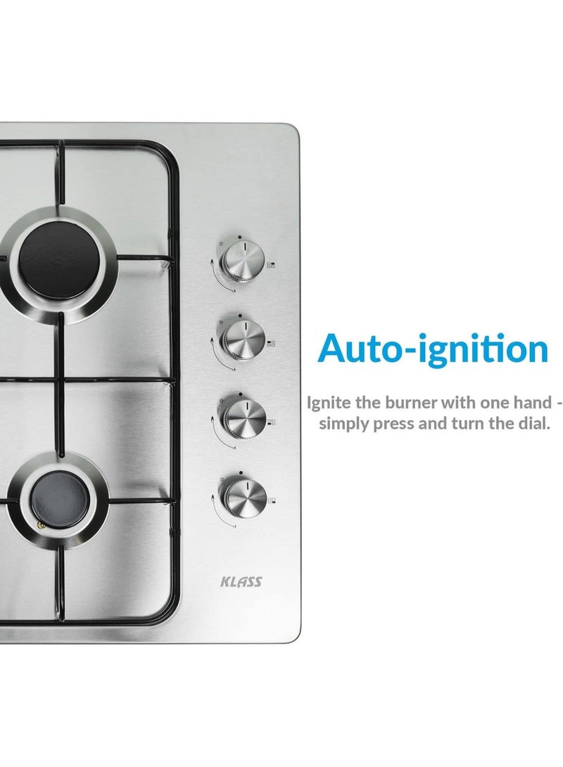 KLASS - 60cm Stainless Steel 4 Zone Gas Cooktop - 2 Double Ring Burners - Electronic Ignition - Safety Devices - Knob Controls - Cast Iron Pan Supports + Wok Stand - Italian Technology – Made In Turkey - Image 4